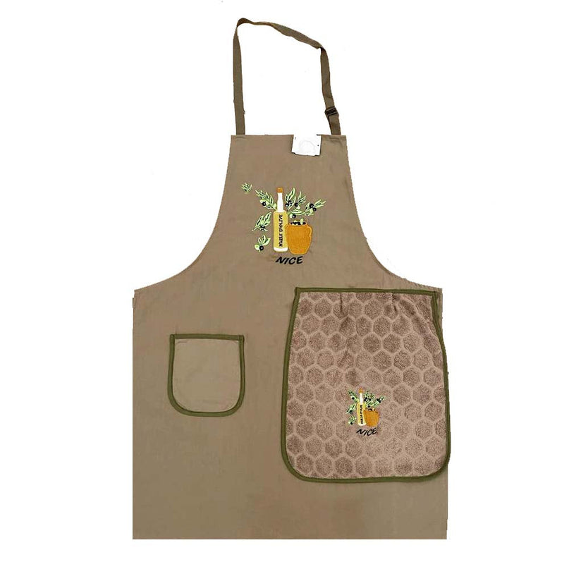 Tablier brodé huile d'olive beige avec essuie main intégré