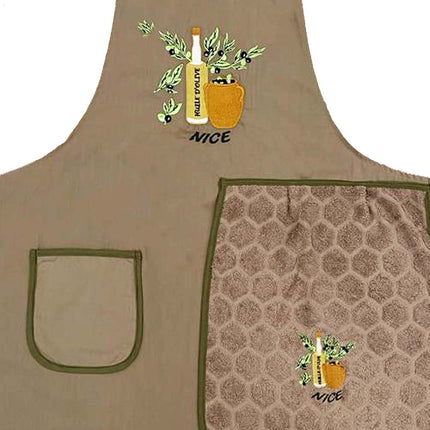 Tablier brodé huile d'olive beige avec essuie main intégré
