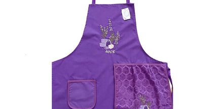 Tablier brodé sachet de lavande violet avec essuie main intégré