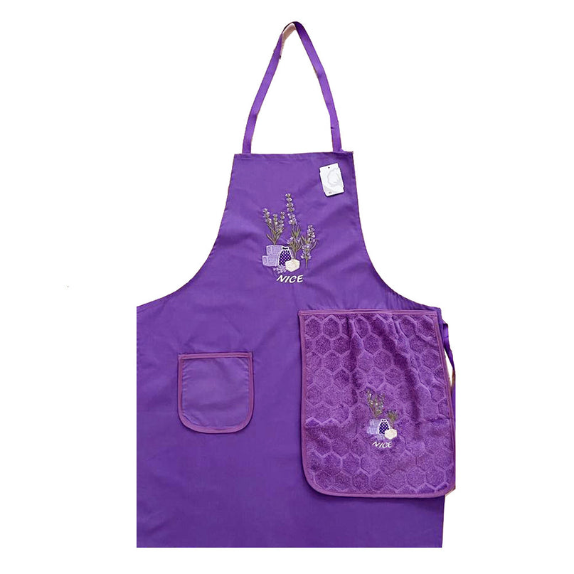 Tablier brodé sachet de lavande violet avec essuie main intégré
