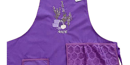 Tablier brodé sachet de lavande violet avec essuie main intégré