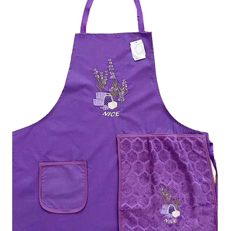 Tablier brodé sachet de lavande violet avec essuie main intégré