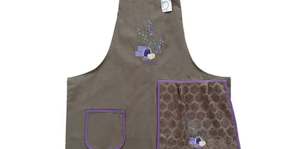 Tablier brodé sachet de lavande beige avec essuie main intégré