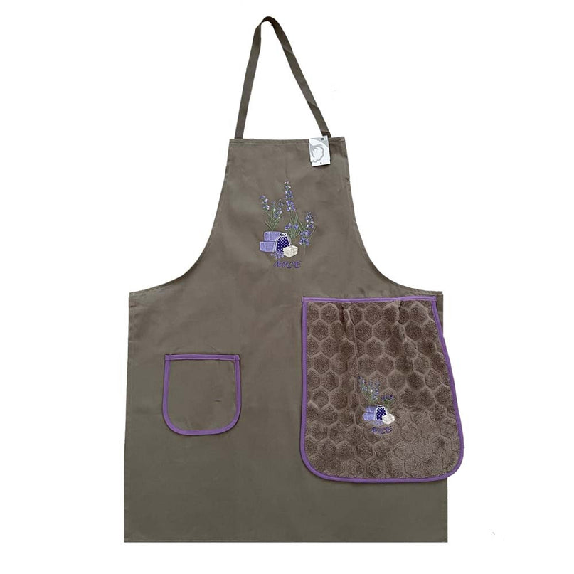 Tablier brodé sachet de lavande beige avec essuie main intégré