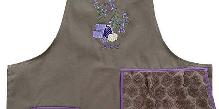 Tablier brodé sachet de lavande beige avec essuie main intégré