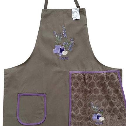 Tablier brodé sachet de lavande beige avec essuie main intégré
