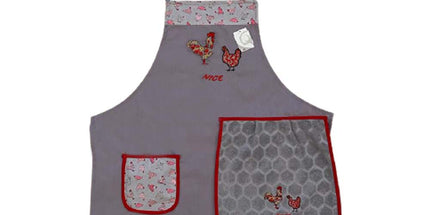 Tablier brodé Coq et Poule Gris avec essuie main intégré