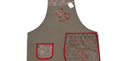 Tablier brodé Coq et Poule beige avec essuie main intégré