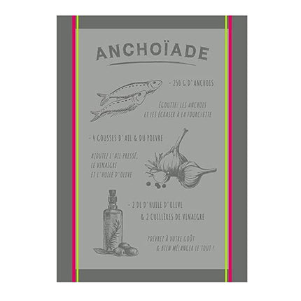Torchon jacquard Recette Anchoïade Gris 50 cm X 70 cm Coton