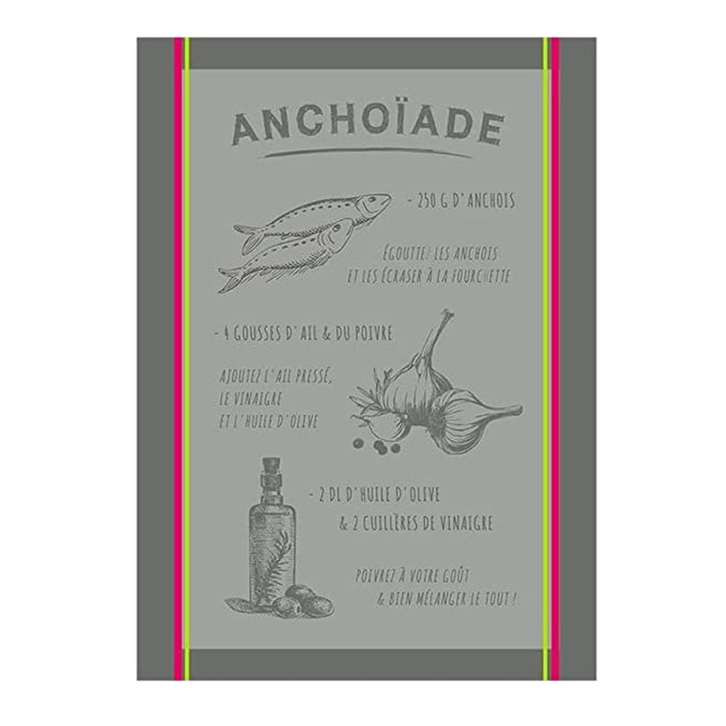 Torchon jacquard Recette Anchoïade Gris 50 cm X 70 cm Coton
