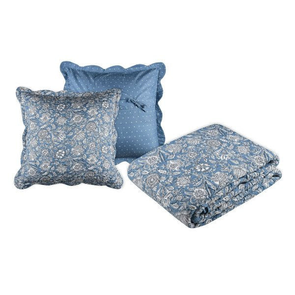Couvre Lit Boutis Julianne bleu 2m40 x 2m60 avec les 2 taies d'oreiller