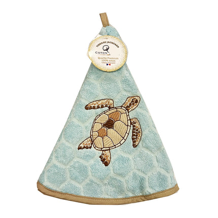 Essuie main rond en éponge Tissage Jacquard Tortue bleu clair Qualité Premium