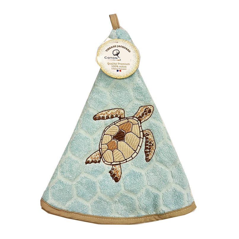 Essuie main rond en éponge Tissage Jacquard Tortue bleu clair Qualité Premium