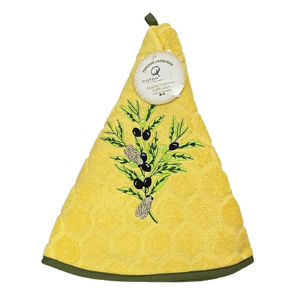Essuie main rond en éponge Tissage Jacquard olive cigale jaune Qualité Premium