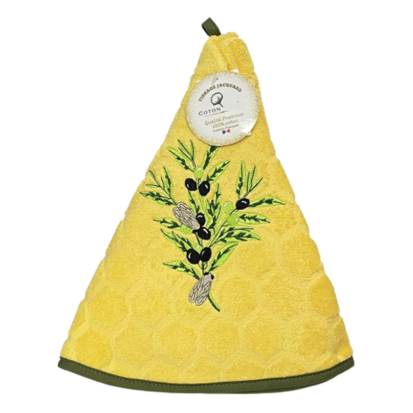 Essuie main rond en éponge Tissage Jacquard olive cigale jaune Qualité Premium