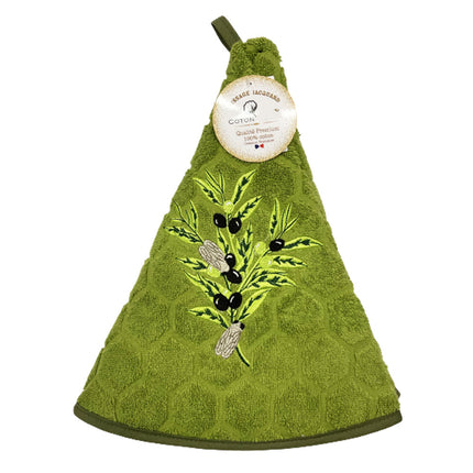 Essuie main rond en éponge Tissage Jacquard olive cigale vert Qualité Premium