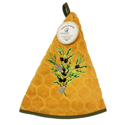 Essuie main rond en éponge Tissage Jacquard olive cigale orange Qualité Premium