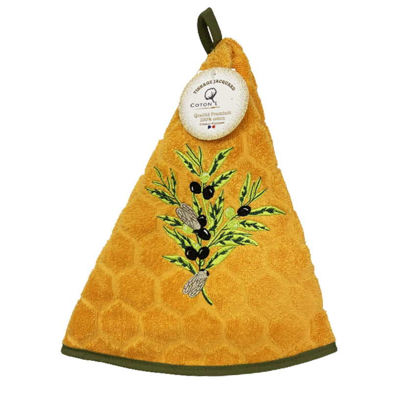 Essuie main rond en éponge Tissage Jacquard olive cigale orange Qualité Premium