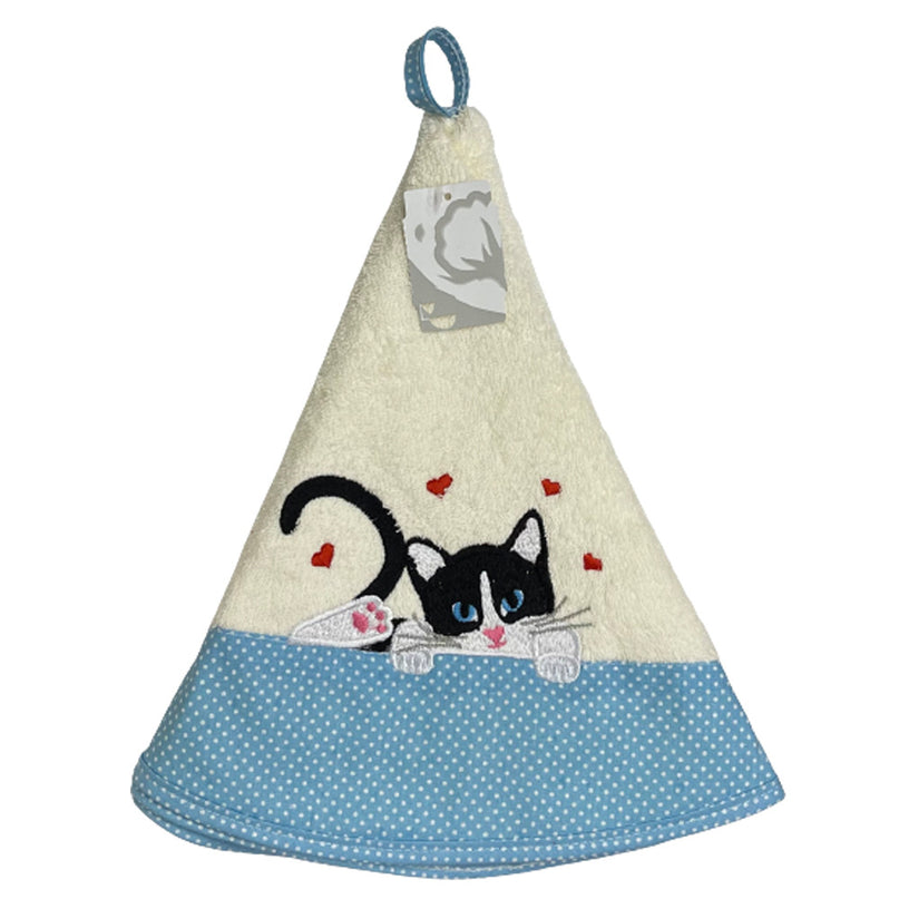 Essuie main rond en éponge chat avec cœurs et petit pois Ecru bleu
