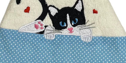 Essuie main rond en éponge chat avec cœurs et petit pois Ecru bleu