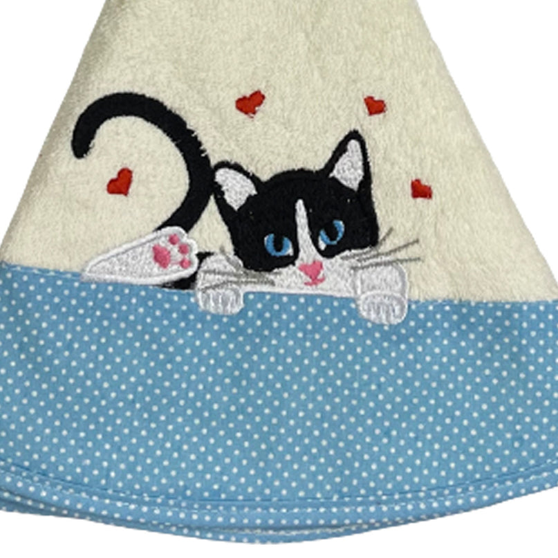 Essuie main rond en éponge chat avec cœurs et petit pois Ecru bleu