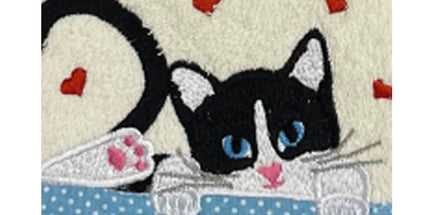 Essuie main rond en éponge chat avec cœurs et petit pois Ecru bleu