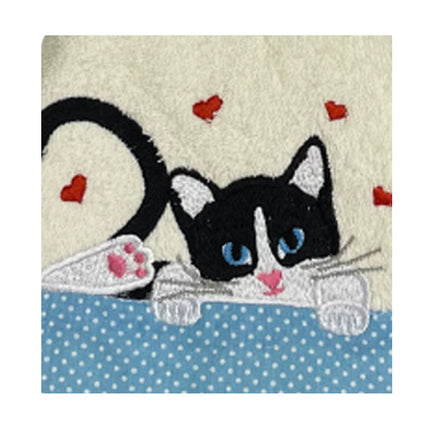 Essuie main rond en éponge chat avec cœurs et petit pois Ecru bleu