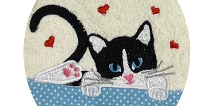 Essuie main rond en éponge chat avec cœurs et petit pois Ecru bleu