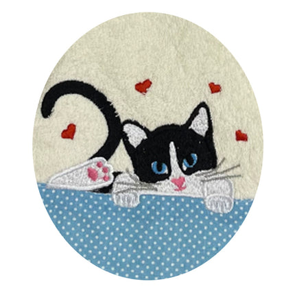 Essuie main rond en éponge chat avec cœurs et petit pois Ecru bleu