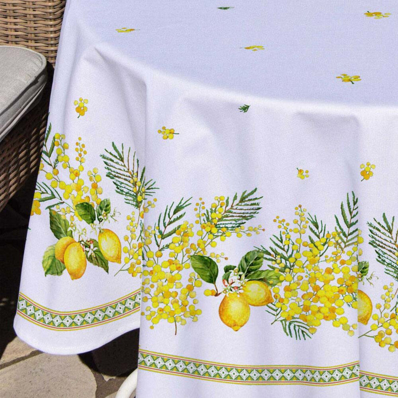 Nappe ronde provençale 1m80 Coton enduit plastifiée citron mimosa blanc