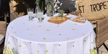 Nappe ronde provençale 1m80 Coton enduit plastifiée citron mimosa blanc