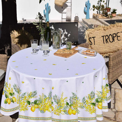 Nappe ronde provençale 1m80 Coton enduit plastifiée citron mimosa blanc