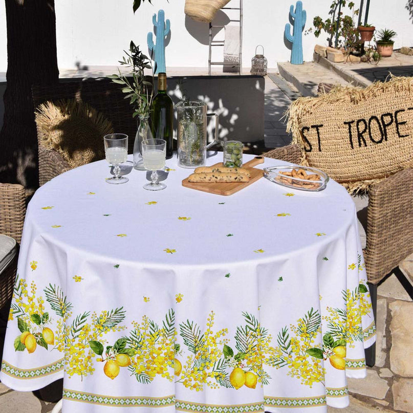 Nappe ronde provençale 1m80 Coton enduit plastifiée citron mimosa blanc