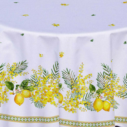 Nappe ronde provençale 1m80 Coton enduit plastifiée citron mimosa blanc