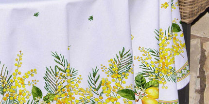 Nappe ronde provençale 1m80 Coton enduit plastifiée citron mimosa blanc