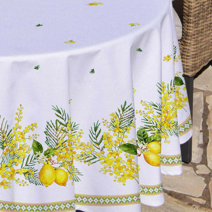 Nappe ronde provençale 1m80 Coton enduit plastifiée citron mimosa blanc