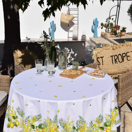 Nappe ronde provençale 1m80 Coton enduit plastifiée citron mimosa blanc