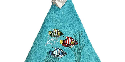 Essuie main rond en éponge coton Poissons Exotiques bleu turquoise