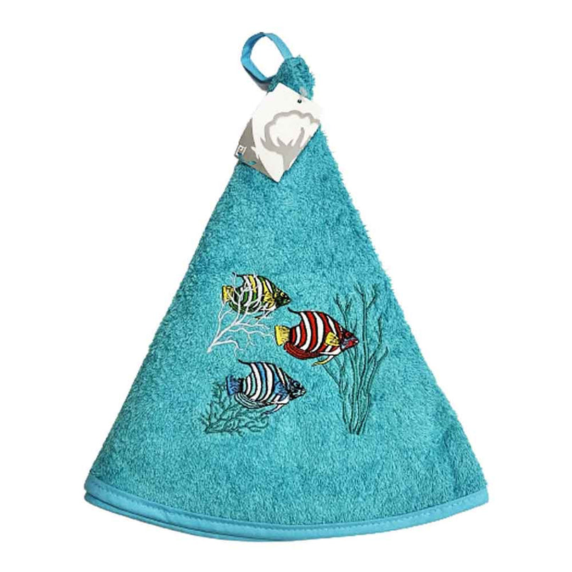 Essuie main rond en éponge coton Poissons Exotiques bleu turquoise