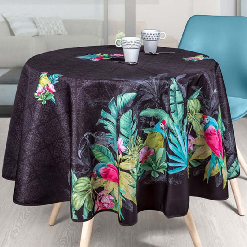 Nappe ronde 1m60 Réf TX57V1 Perroquet couleur noire Anti tache et infroissable