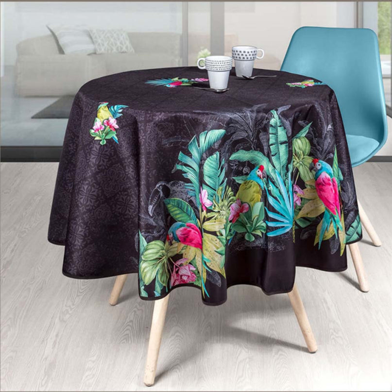 Nappe ronde 1m60 Réf TX57V1 Perroquet couleur noire Anti tache et infroissable