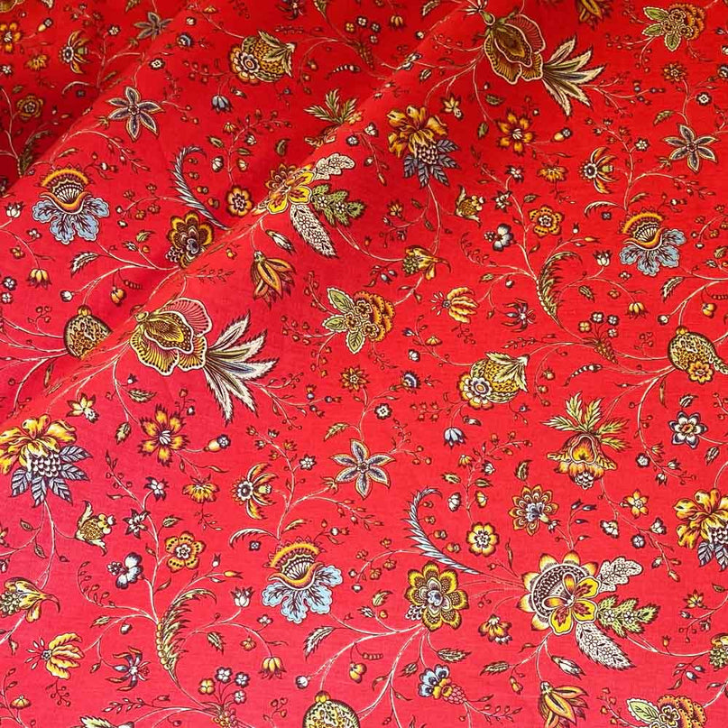 Tissu Indien au mètre coton Holi fleur rouge largeur 1m60