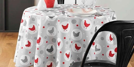 Nappe ronde 180 cm Suzette gris motif poule anti tache et infroissable