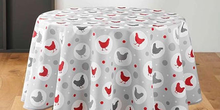 Nappe ronde 180 cm Suzette gris motif poule anti tache et infroissable