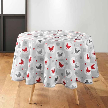 Nappe ronde 180 cm Suzette gris motif poule anti tache et infroissable