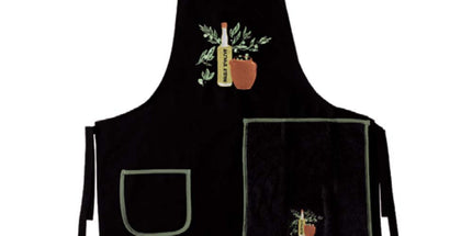 Tablier provençale brodé huile d'olive noir avec essuie main intégré coton