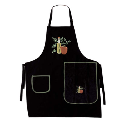 Tablier provençale brodé huile d'olive noir avec essuie main intégré coton
