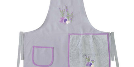 Tablier provençale coton brodé sachet de lavande gris avec essuie main intégré