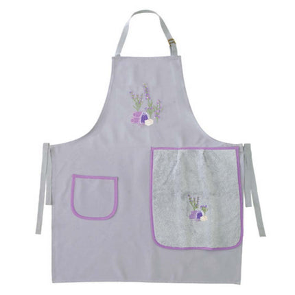 Tablier provençale coton brodé sachet de lavande gris avec essuie main intégré