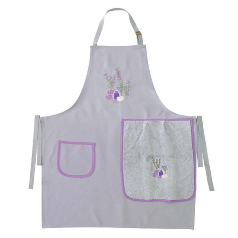 Tablier provençale coton brodé sachet de lavande gris avec essuie main intégré